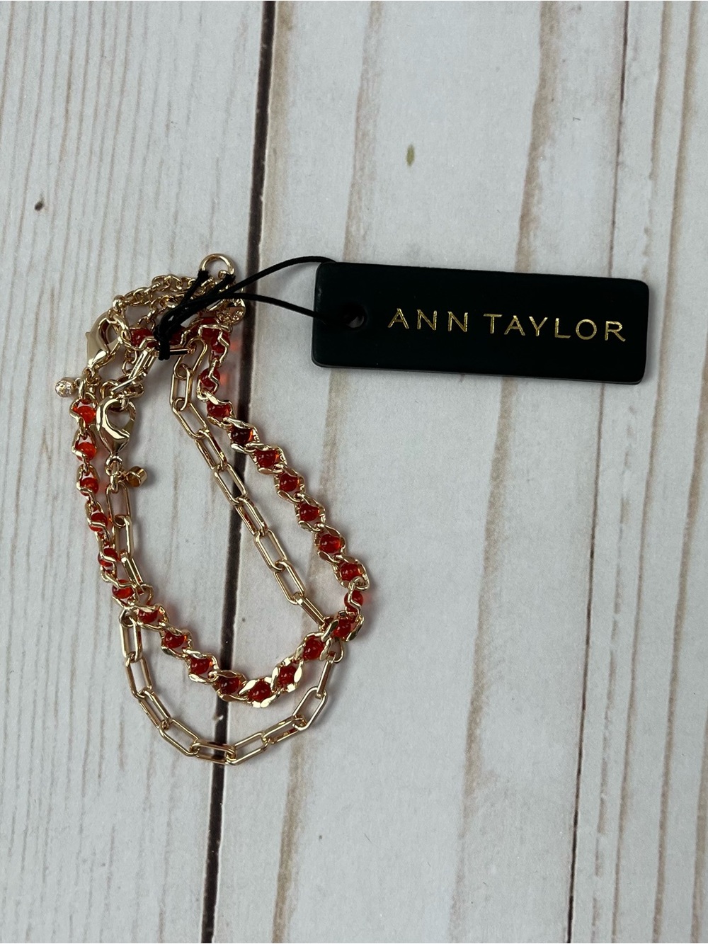 Ann Taylor Double Strand Bracelet - Fiery Sunset Beaded Bracelet & Gold Chain